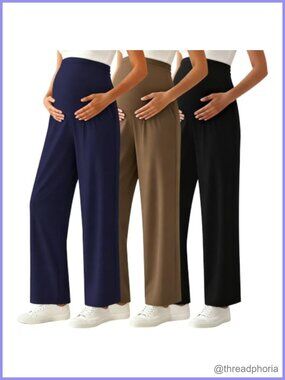 Maternity Pants Over Belly 3-Pack Wide Leg Palazzo Work Pregnancy Pants